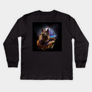 Galaxy Space Maine Coon Cat On Pizza Kids Long Sleeve T-Shirt